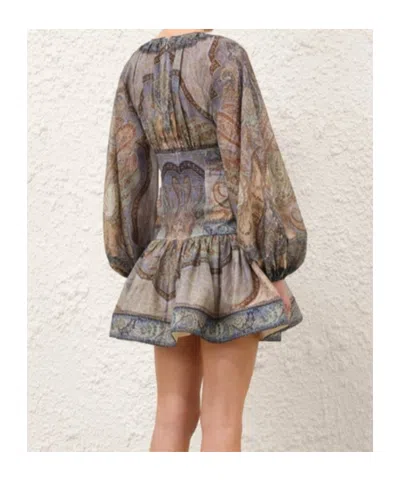 Zimmermann Wanderlust Multicolor Crewneck Mini Dress With Puffed Long Sleeves And All-over Print In Cotton And 