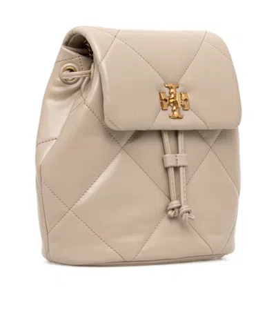 Tory Burch Kira Beige Backpack With Metallic Logo Plate On The Front In Quilted Leather Woman In Neutral