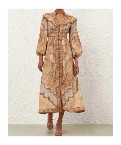 Zimmermann Wanderlust Multicolor Long Dress With V Neck And All-over Paisley Motif In Linen Woman