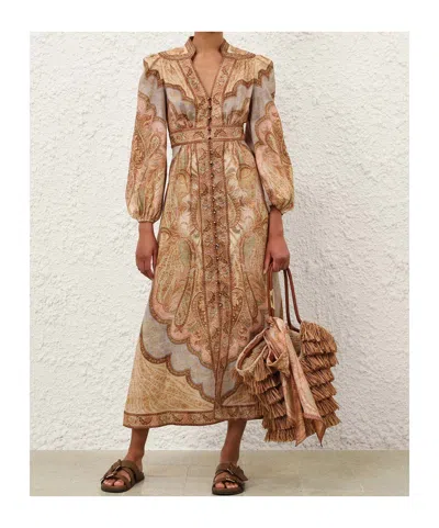 Zimmermann Wanderlust Multicolor Long Dress With V Neck And All-over Paisley Motif In Linen Woman