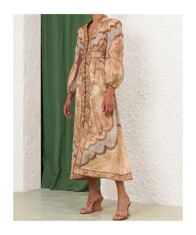 Zimmermann Wanderlust Multicolor Long Dress With V Neck And All-over Paisley Motif In Linen Woman