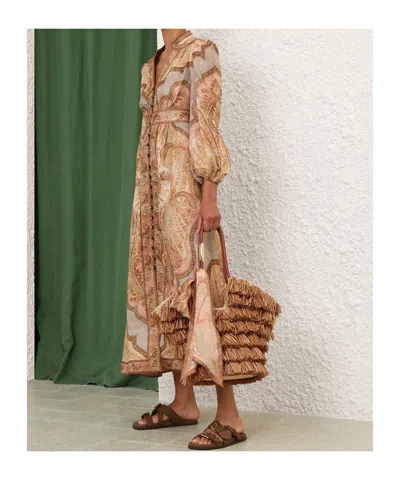 Zimmermann Wanderlust Multicolor Long Dress With V Neck And All-over Paisley Motif In Linen Woman