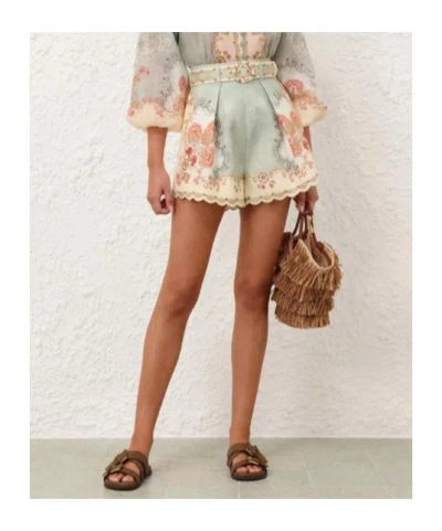 Zimmermann Daylight Multicolor Shorts With Belt On The Front And All-over Floral Motif In Linen Woman In Blue