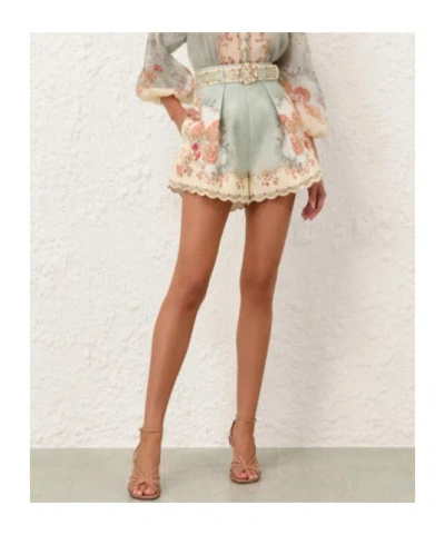 Zimmermann Daylight Multicolor Shorts With Belt On The Front And All-over Floral Motif In Linen Woman In Blue