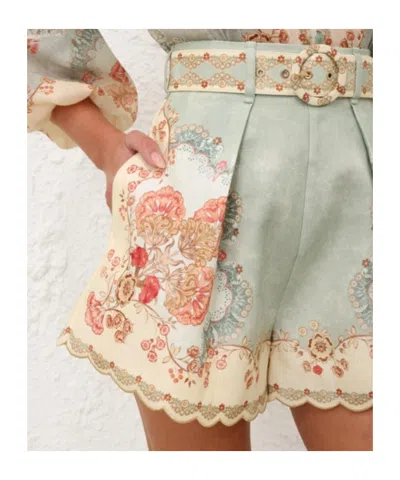 Zimmermann Daylight Multicolor Shorts With Belt On The Front And All-over Floral Motif In Linen Woman In Blue
