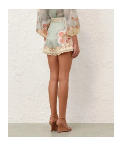 Zimmermann Daylight Multicolor Shorts With Belt On The Front And All-over Floral Motif In Linen Woman In Blue