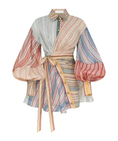 Zimmermann Rebellion Multicolor Midi Dress With Bow Detail On The Front And All-over Striped Motif In Linen And