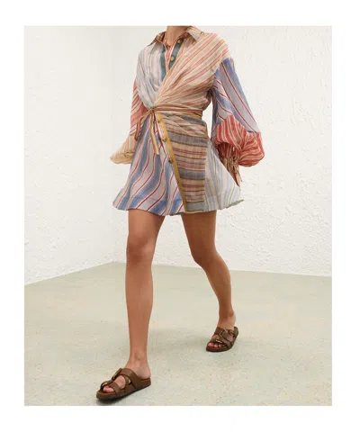 Zimmermann Rebellion Multicolor Midi Dress With Bow Detail On The Front And All-over Striped Motif In Linen And