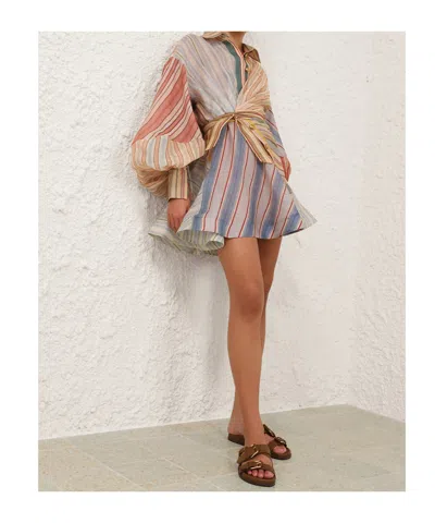 Zimmermann Rebellion Multicolor Midi Dress With Bow Detail On The Front And All-over Striped Motif In Linen And