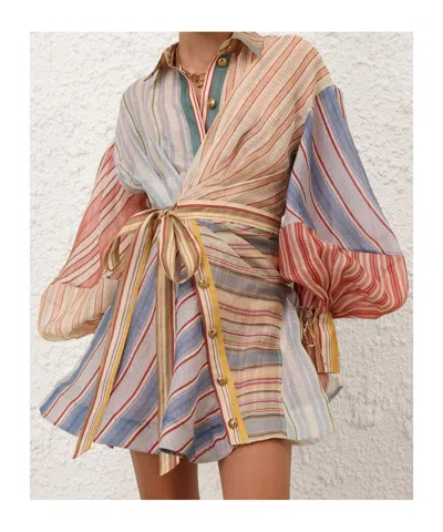 Zimmermann Rebellion Multicolor Midi Dress With Bow Detail On The Front And All-over Striped Motif In Linen And