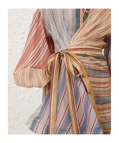 Zimmermann Rebellion Multicolor Midi Dress With Bow Detail On The Front And All-over Striped Motif In Linen And
