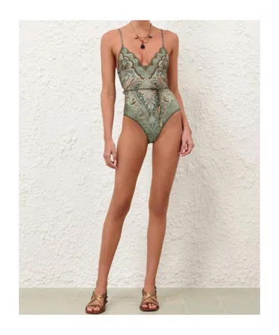 Zimmermann Wanderlust Belted Embellished Scalloped Printed Swimsuit In Green