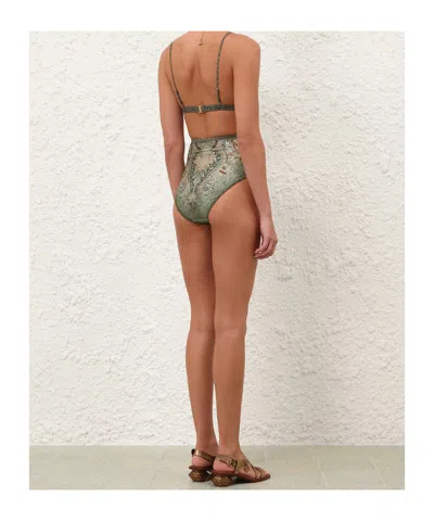 Zimmermann Wanderlust Belted Embellished Scalloped Printed Swimsuit In Green