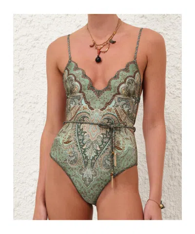 Zimmermann Wanderlust Belted Embellished Scalloped Printed Swimsuit In Green