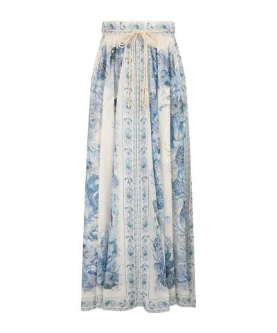 Zimmermann Wanderlust Belted Pleated Printed Cotton Maxi Skirt In Blue