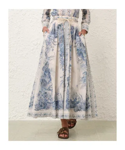 Zimmermann Wanderlust Belted Pleated Printed Cotton Maxi Skirt In Blue