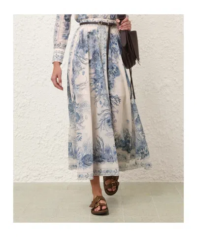 Zimmermann Wanderlust Belted Pleated Printed Cotton Maxi Skirt In Blue