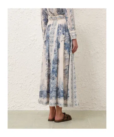 Zimmermann Wanderlust Belted Pleated Printed Cotton Maxi Skirt In Blue