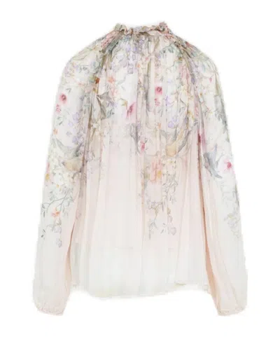 Zimmermann 'rebellion' Multicolor Blouse With Bow Detail On The Front And All-over Floral Motif In Viscose Woma