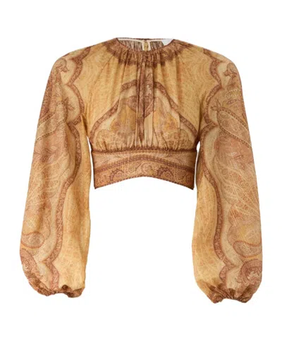 Zimmermann Wanderlust Multicolor Cropped Top With Puffed Long Sleeves And All-over Paisley Motif In Cotton Blen In Gold