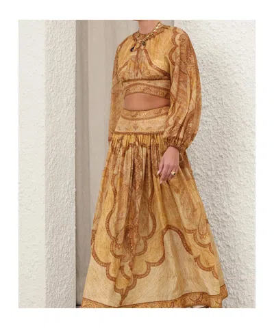Zimmermann Wanderlust Multicolor Cropped Top With Puffed Long Sleeves And All-over Paisley Motif In Cotton Blen In Gold