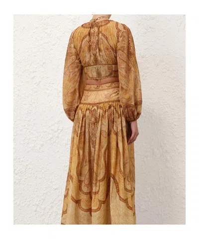 Zimmermann Wanderlust Multicolor Cropped Top With Puffed Long Sleeves And All-over Paisley Motif In Cotton Blen In Gold