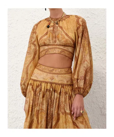 Zimmermann Wanderlust Multicolor Cropped Top With Puffed Long Sleeves And All-over Paisley Motif In Cotton Blen In Gold
