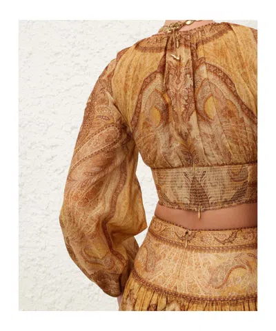 Zimmermann Wanderlust Multicolor Cropped Top With Puffed Long Sleeves And All-over Paisley Motif In Cotton Blen In Gold
