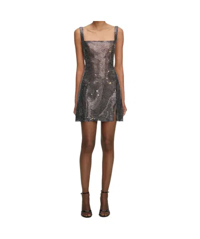 Self-portrait Gunmetal Grey Dress With Thin Straps And All-over Rhinestone Application In Tech Fabric Woman In Gray