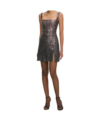 Self-portrait Gunmetal Grey Dress With Thin Straps And All-over Rhinestone Application In Tech Fabric Woman In Gray