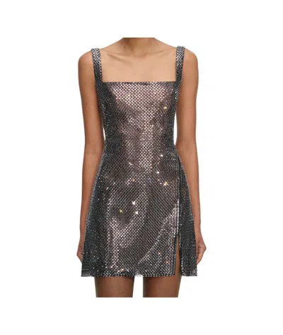 Self-portrait Gunmetal Grey Dress With Thin Straps And All-over Rhinestone Application In Tech Fabric Woman In Gray