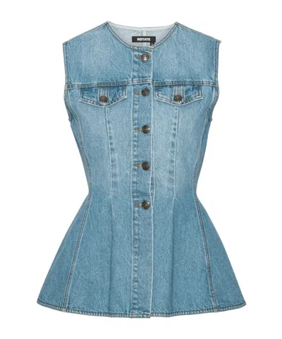Rotate Birger Christensen Denim Flared Silhouette Button-front Cotton Tank Top In Blue