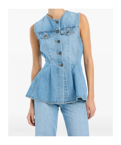 Rotate Birger Christensen Denim Flared Silhouette Button-front Cotton Tank Top In Blue