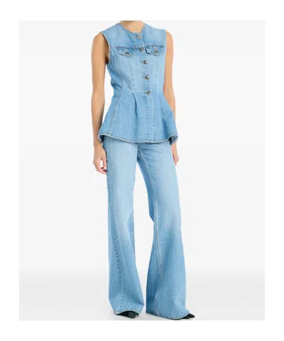 Rotate Birger Christensen Denim Flared Silhouette Button-front Cotton Tank Top In Blue
