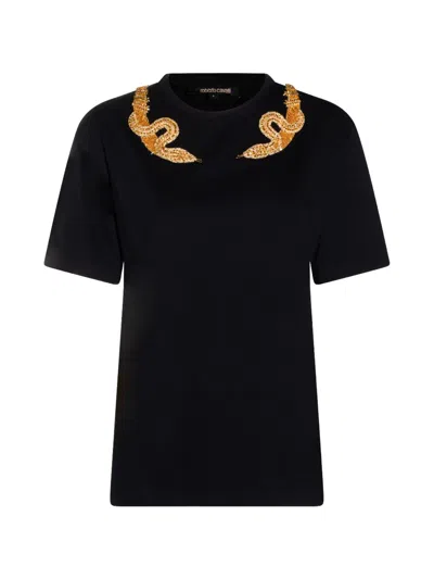Roberto Cavalli Black T-shirt With Snake Embroidery
