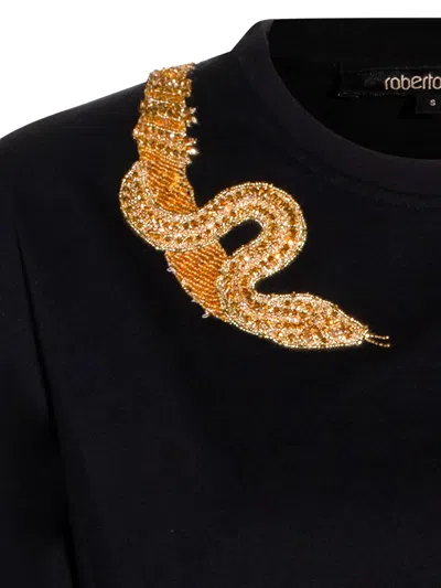 Roberto Cavalli Black T-shirt With Snake Embroidery