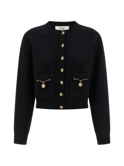 Chloé Chloe Embellished-pocket Wool And Cashmere-blend Cardigan In Black