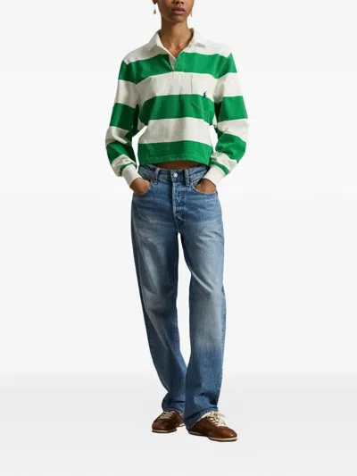 Polo Ralph Lauren Embroidered Striped Cotton Rugby Shirt In Green