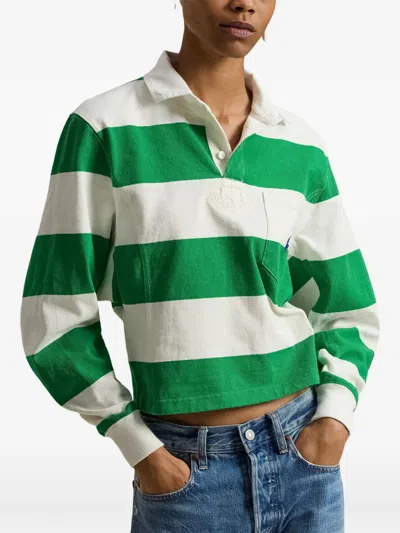 Polo Ralph Lauren Embroidered Striped Cotton Rugby Shirt In Green