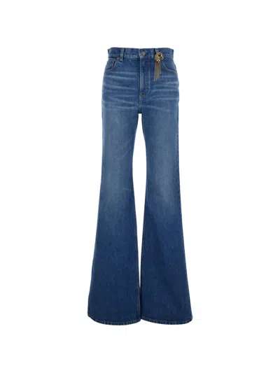 Chloé Women Blue Jeans With Wide Leg And Pendant Charm On The Front In Denim Woman In Blue