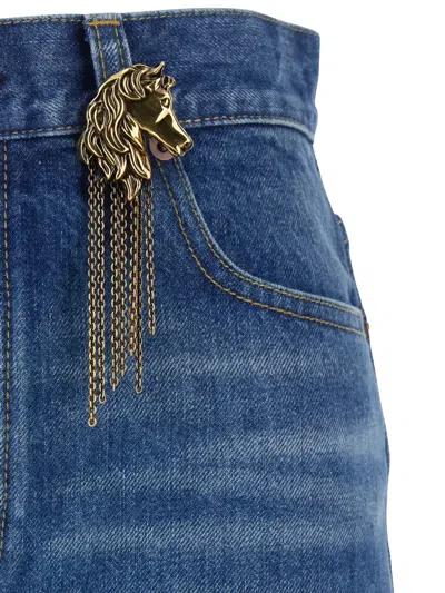 Chloé Women Blue Jeans With Wide Leg And Pendant Charm On The Front In Denim Woman In Blue