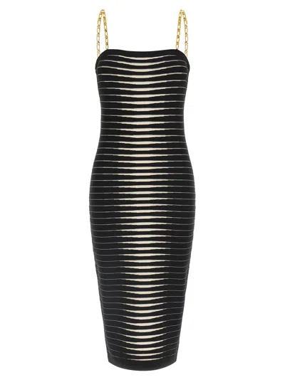 Elisabetta Franchi Striped-pattern Chain-strap Midi Dress In Black