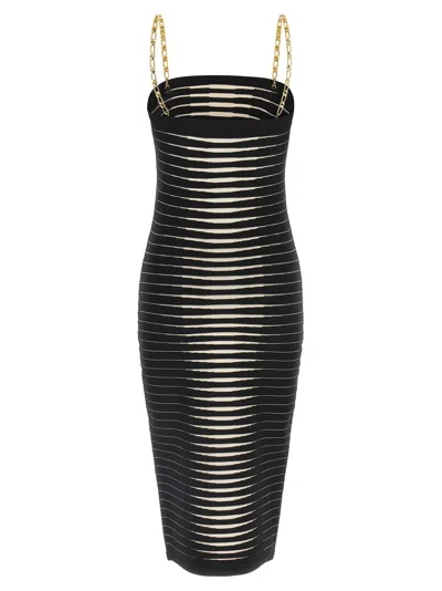 Elisabetta Franchi Striped-pattern Chain-strap Midi Dress In Black