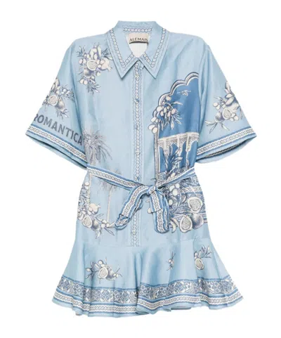 Alemais Villa Romantica Blue Mini Dress With Front Blet And All-over Floral Motif In Linen Blend Woman