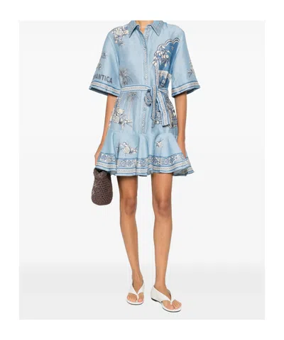 Alemais Villa Romantica Blue Mini Dress With Front Blet And All-over Floral Motif In Linen Blend Woman