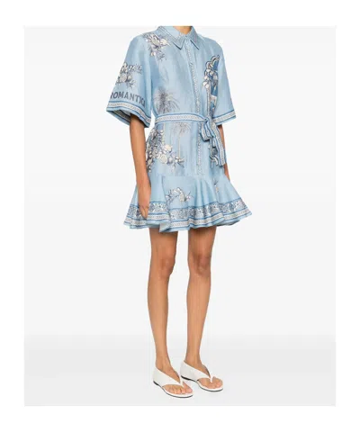Alemais Villa Romantica Blue Mini Dress With Front Blet And All-over Floral Motif In Linen Blend Woman