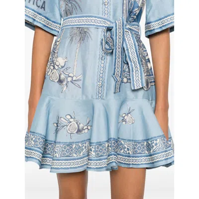 Alemais Villa Romantica Blue Mini Dress With Front Blet And All-over Floral Motif In Linen Blend Woman