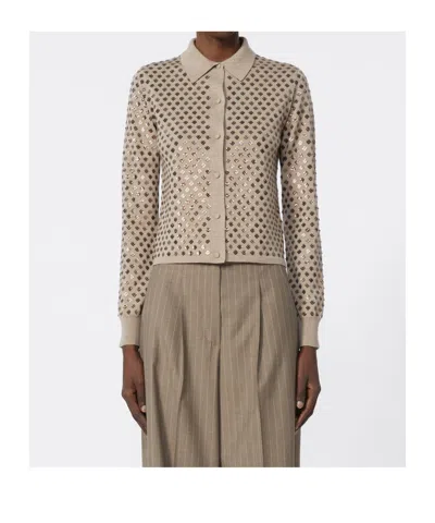 Max Mara Ragno Sequin Embellished Virgin Wool Cardigan In Brown