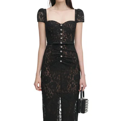 Self-portrait Belted Embellished Cotton-blend Lace Midi Dress In Black