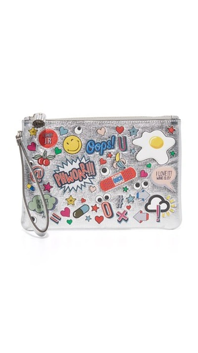 Anya Hindmarch Sticker-print Metallic Leather Pouch, Silver In Silver Metallic
